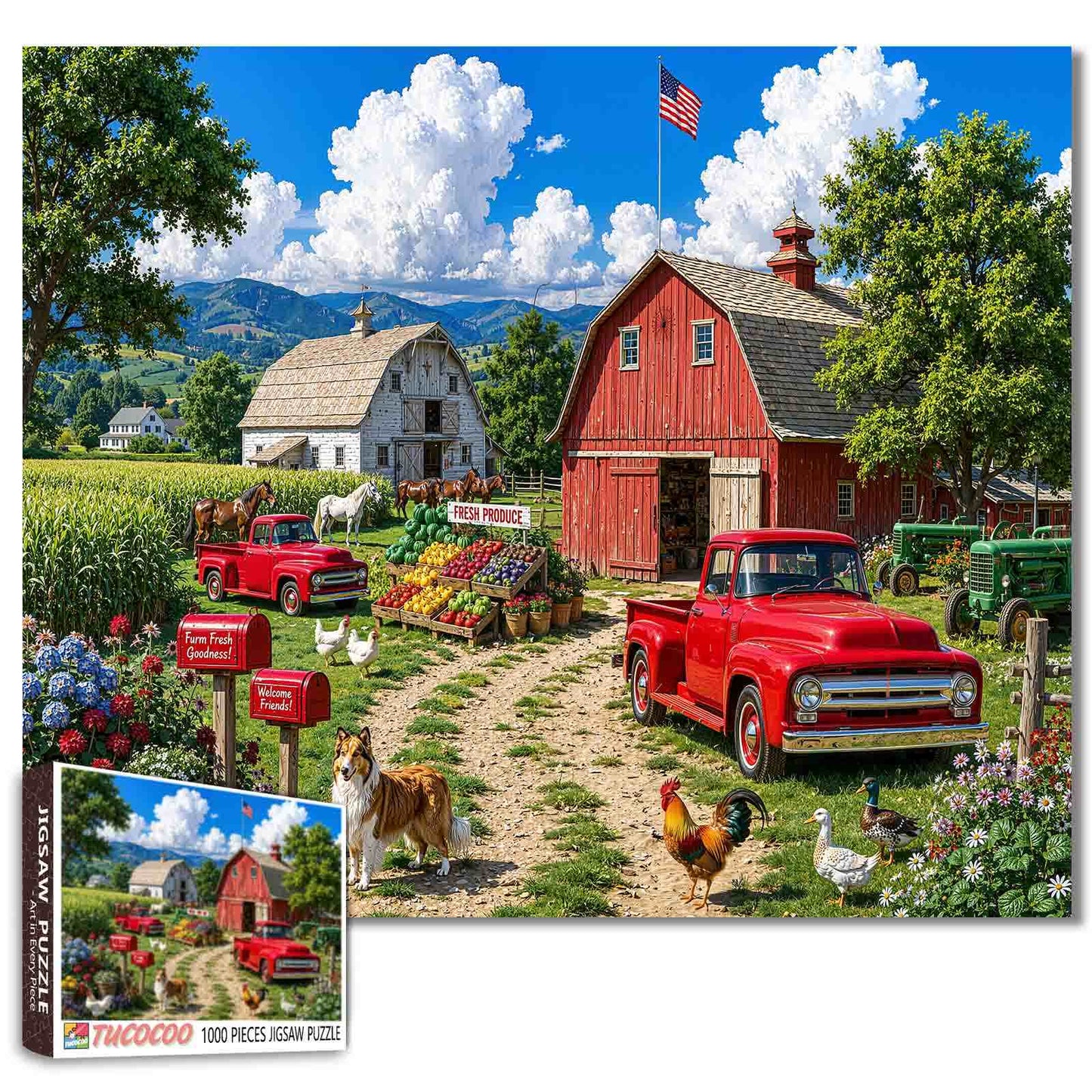 American Country Farm Red Truck Jigsaw Puzzle