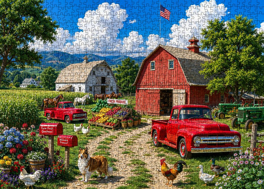 American Country Farm Red Truck Jigsaw Puzzle