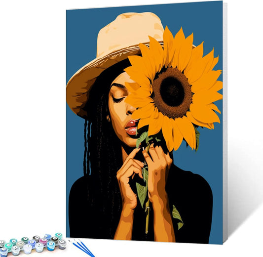 Black Ggirl and Sunflowers Paint by Numbers