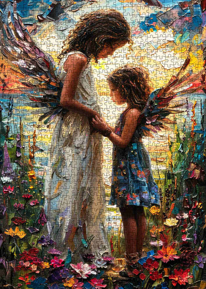 Angels Holding Hands in Blooming Meadow Jigsaw Puzzle
