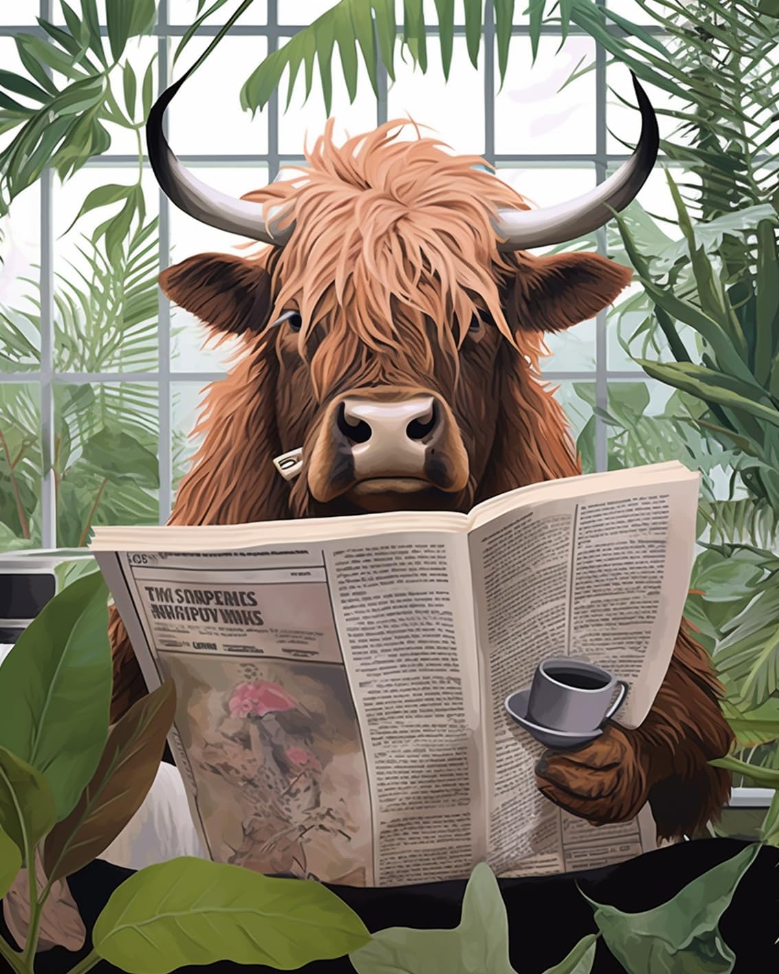 Highland Cattle Reading Newspaper Paint by Numbers