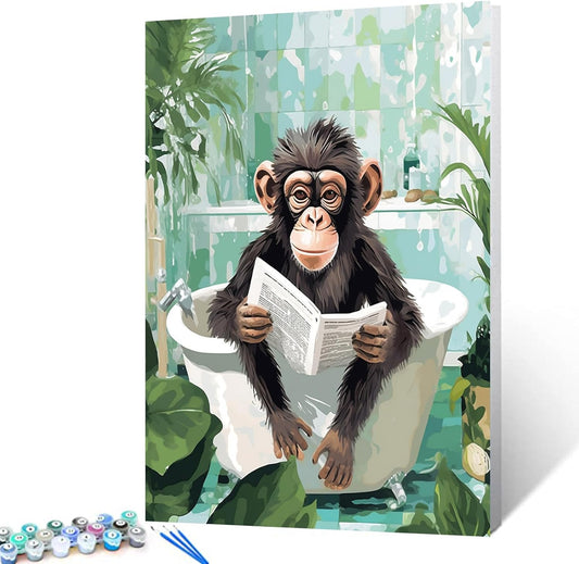 Chimpanzee Reading Newspaper in Bathtub Paint by Numbers