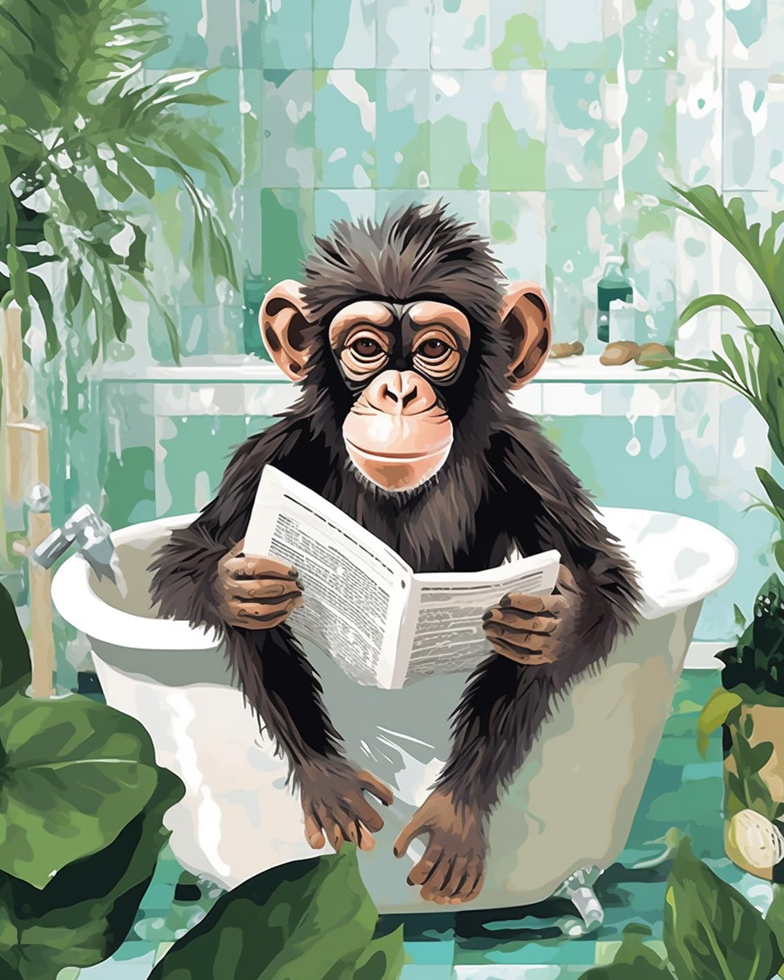 Chimpanzee Reading Newspaper in Bathtub Paint by Numbers