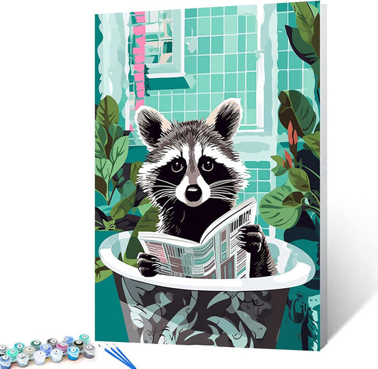 Raccoon Reading Newspaper in Bathtub Paint by Numbers