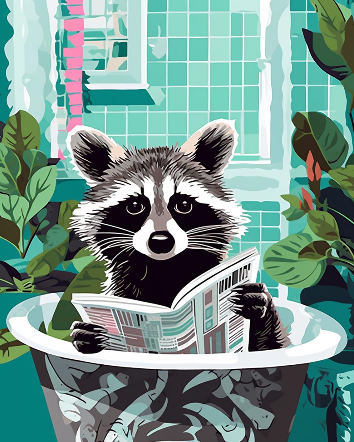 Raccoon Reading Newspaper in Bathtub Paint by Numbers