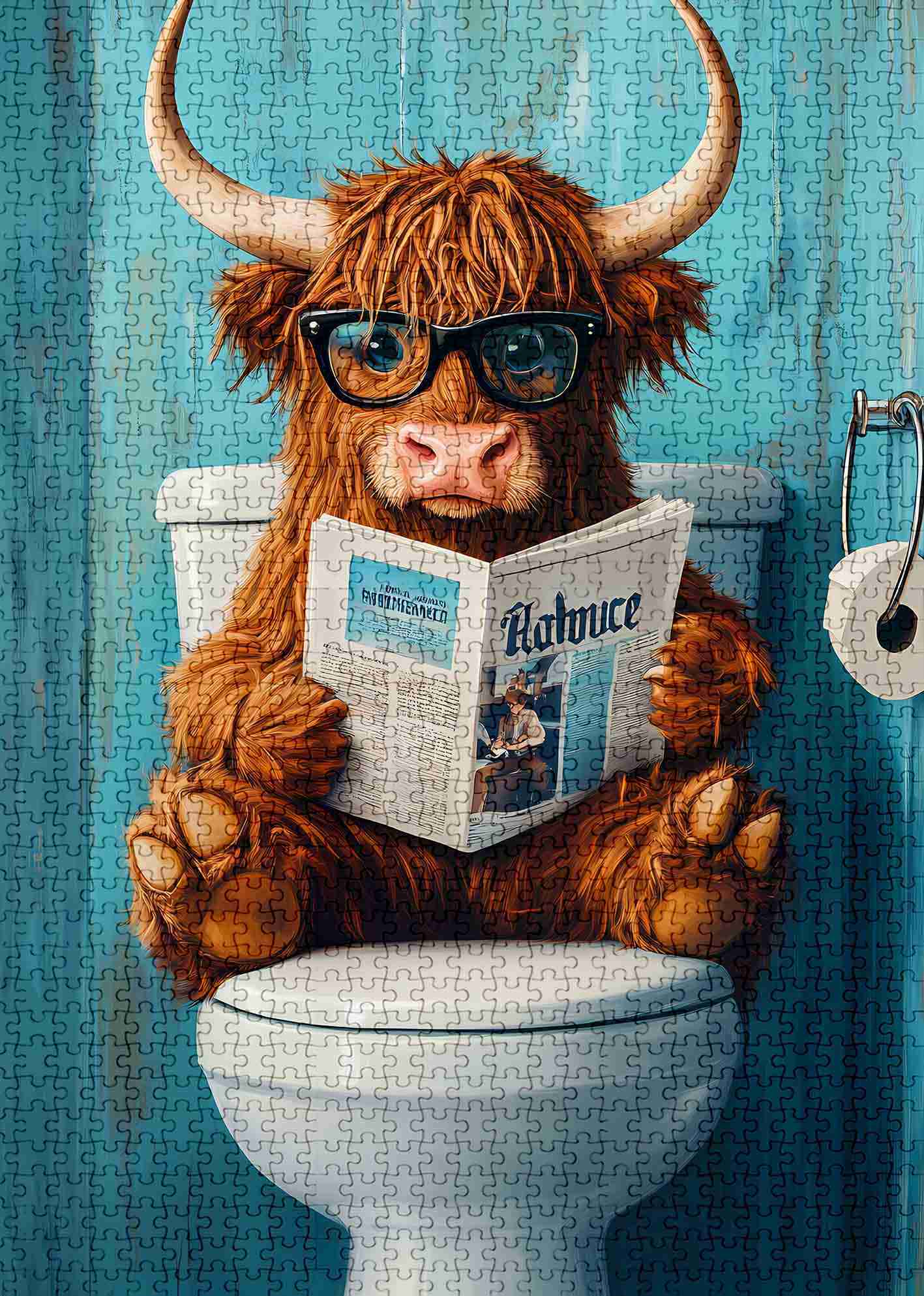 Highland Cow Reading Newspaper on Toilet Jigsaw Puzzles