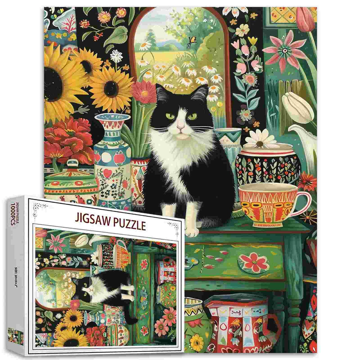 Puzzle Chat noir dans un jardin de fleurs