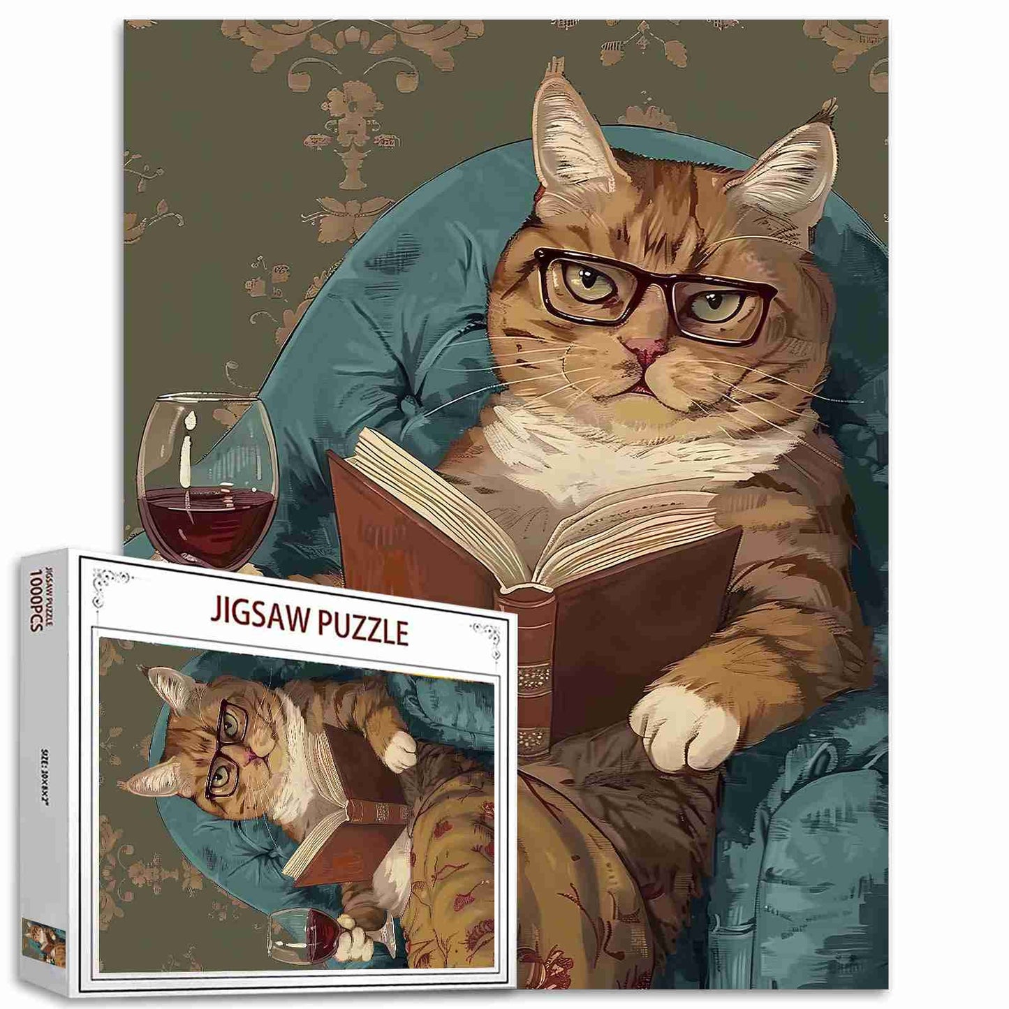 Puzzles de chat lisant avec du vin 