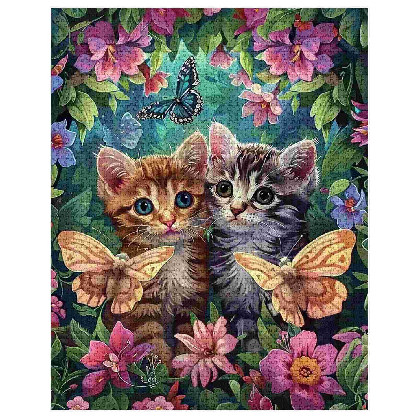 Puzzles de deux chatons dans un jardin de fleurs 