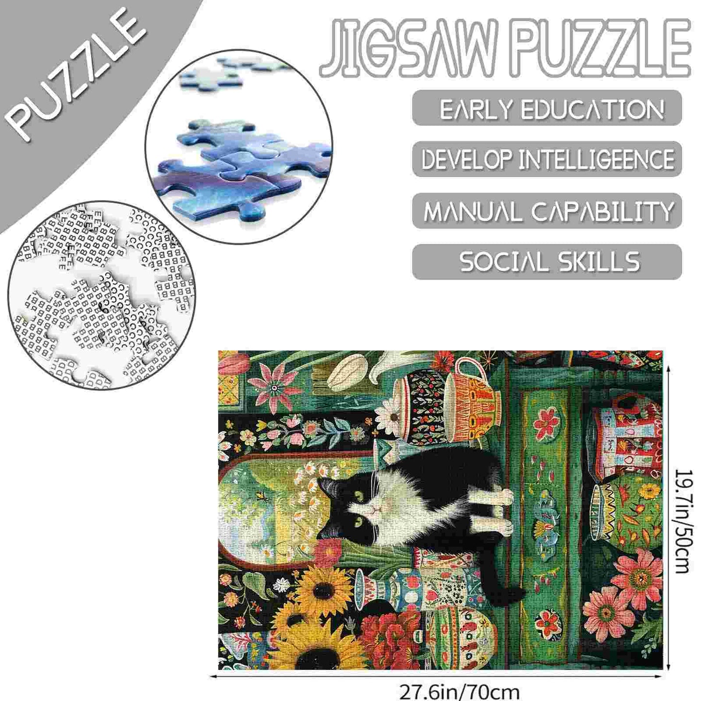 Puzzle Chat noir dans un jardin de fleurs