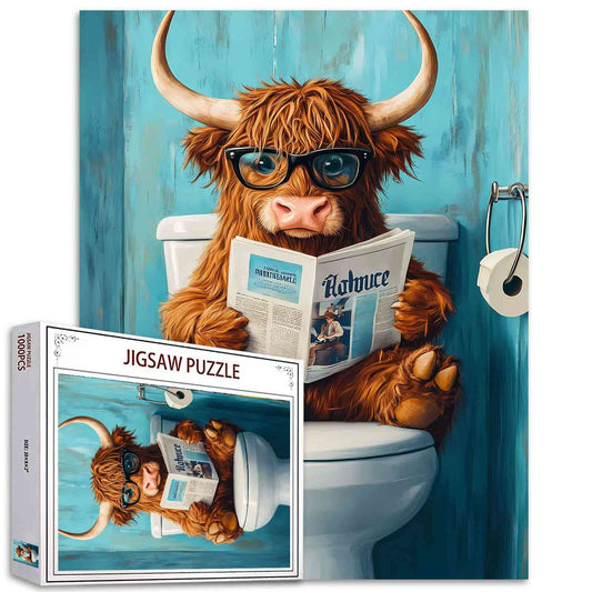 Highland Cow Reading Newspaper on Toilet Jigsaw Puzzles