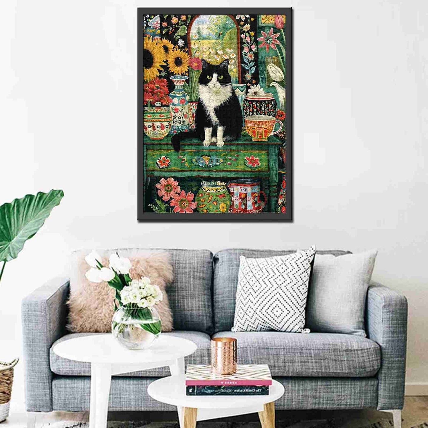 Puzzle Chat noir dans un jardin de fleurs