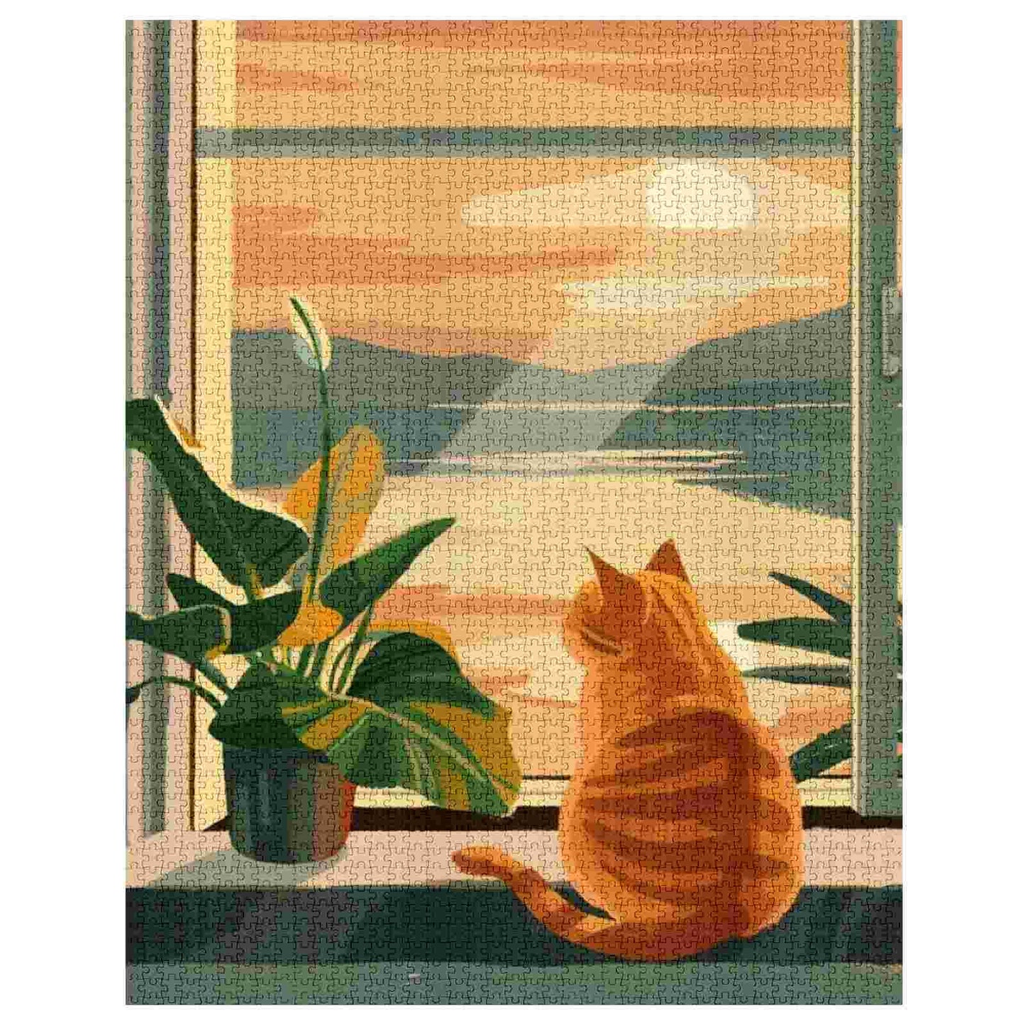 Puzzles de chat regardant le coucher du soleil à la fenêtre