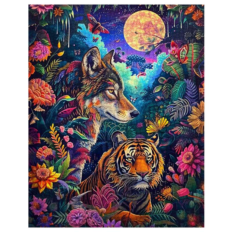 Wolf and Tiger in a Colorful Forest Jigsaw Puzzles