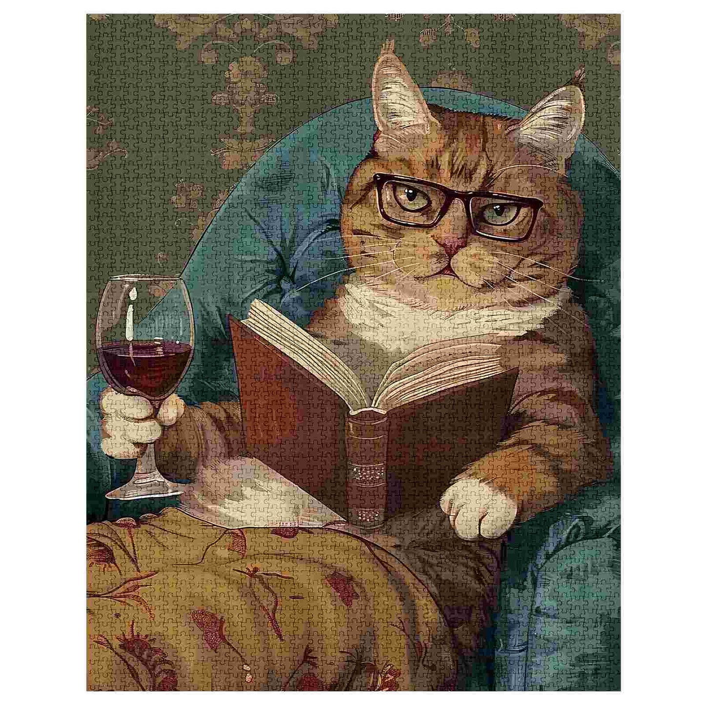 Puzzles de chat lisant avec du vin 