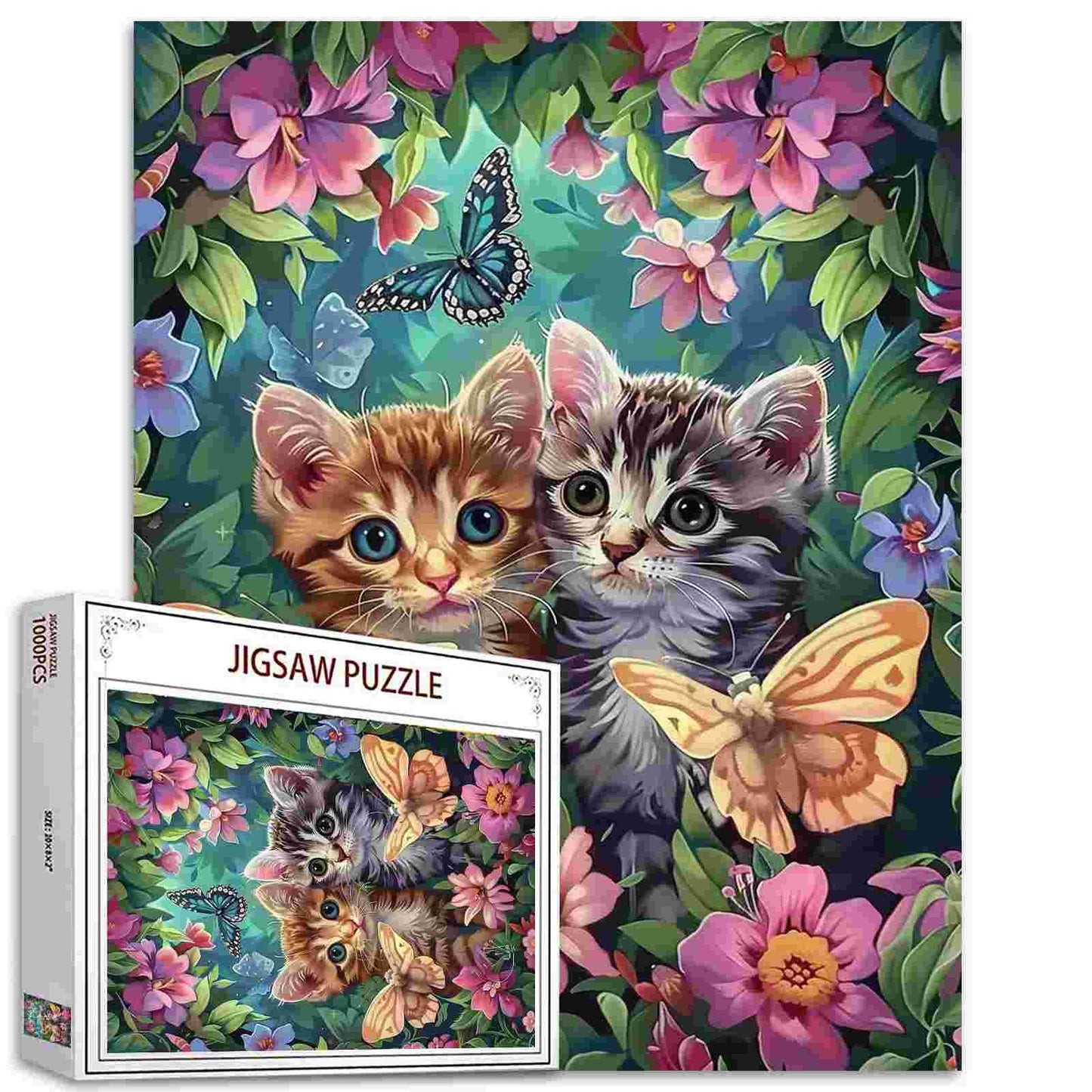 Puzzles de deux chatons dans un jardin de fleurs 