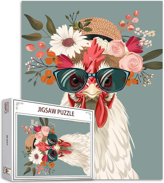 Rooster Wear Shades Straw Hat Jigsaw Puzzles