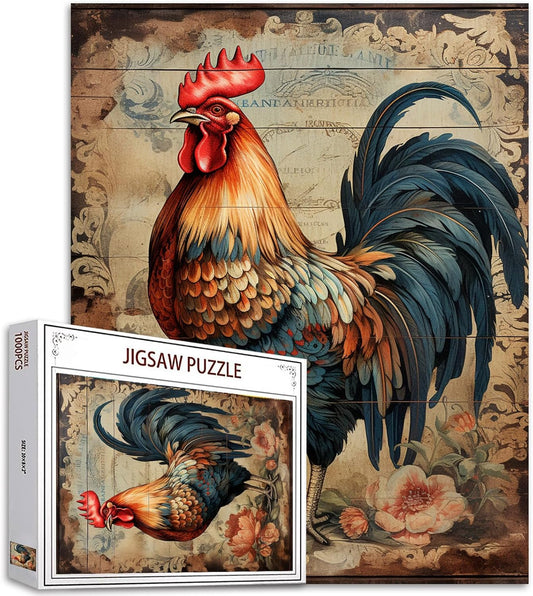 Rustic Rooster Vintage Animal Painting Jigsaw Puzzles