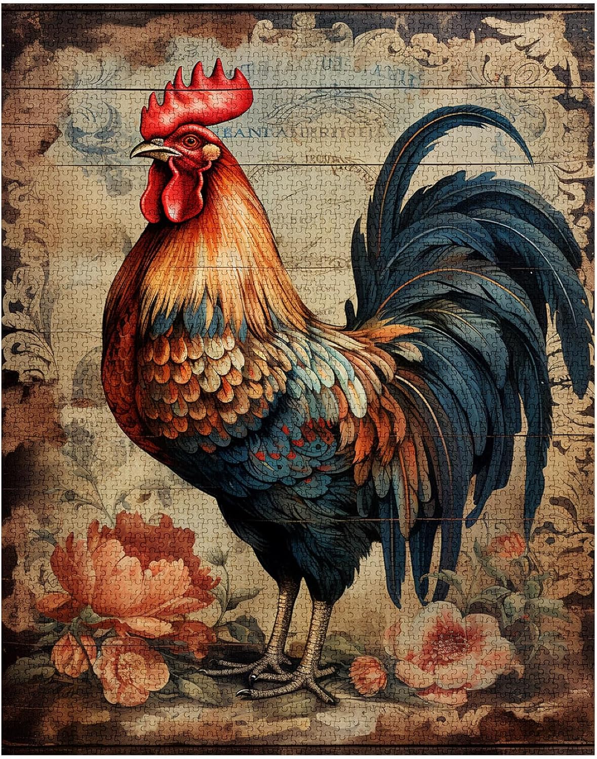 Rustic Rooster Vintage Animal Painting Jigsaw Puzzles