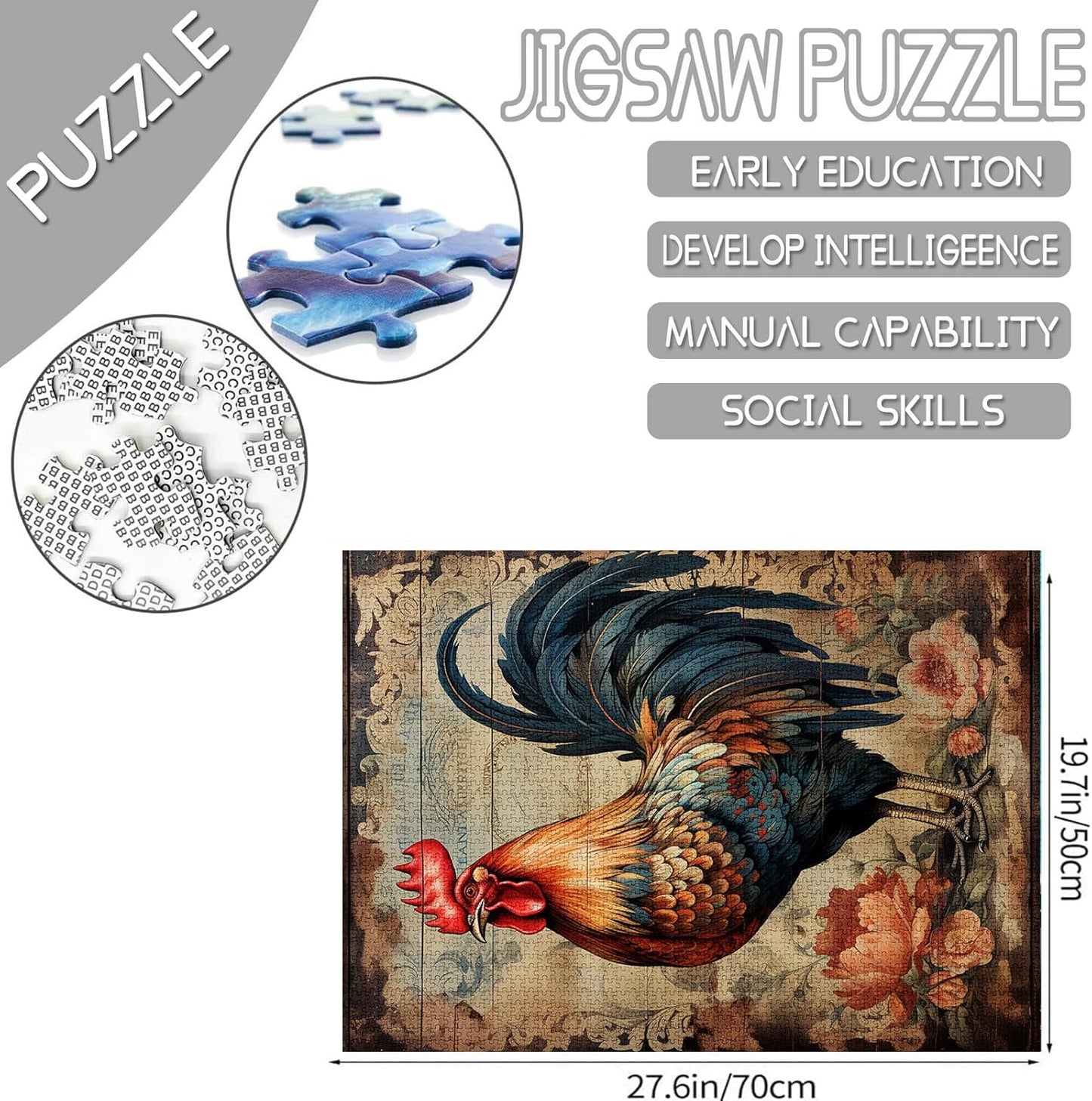 Rustic Rooster Vintage Animal Painting Jigsaw Puzzles