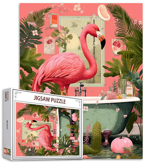 Flamingo in Tropical Bathroom Jigsaw Puzzles