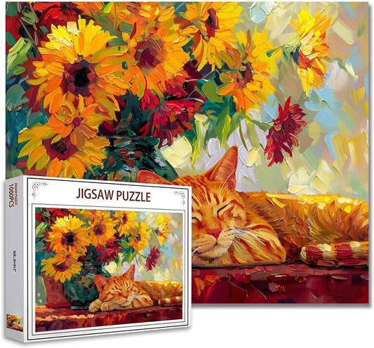 Sleeping Cat Colorful Sunflowers Jigsaw Puzzles