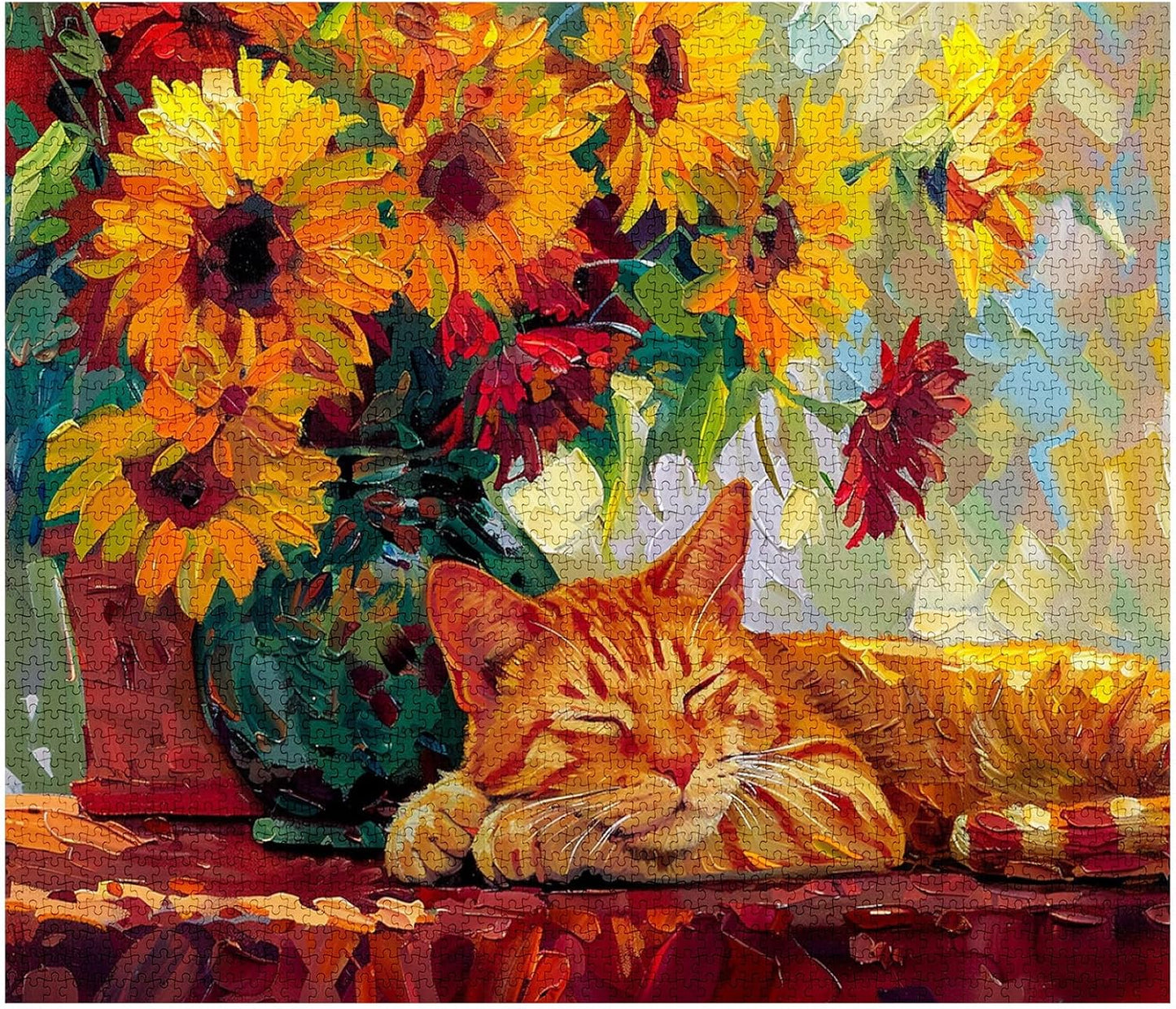 Puzzles de tournesols colorés avec chat endormi 