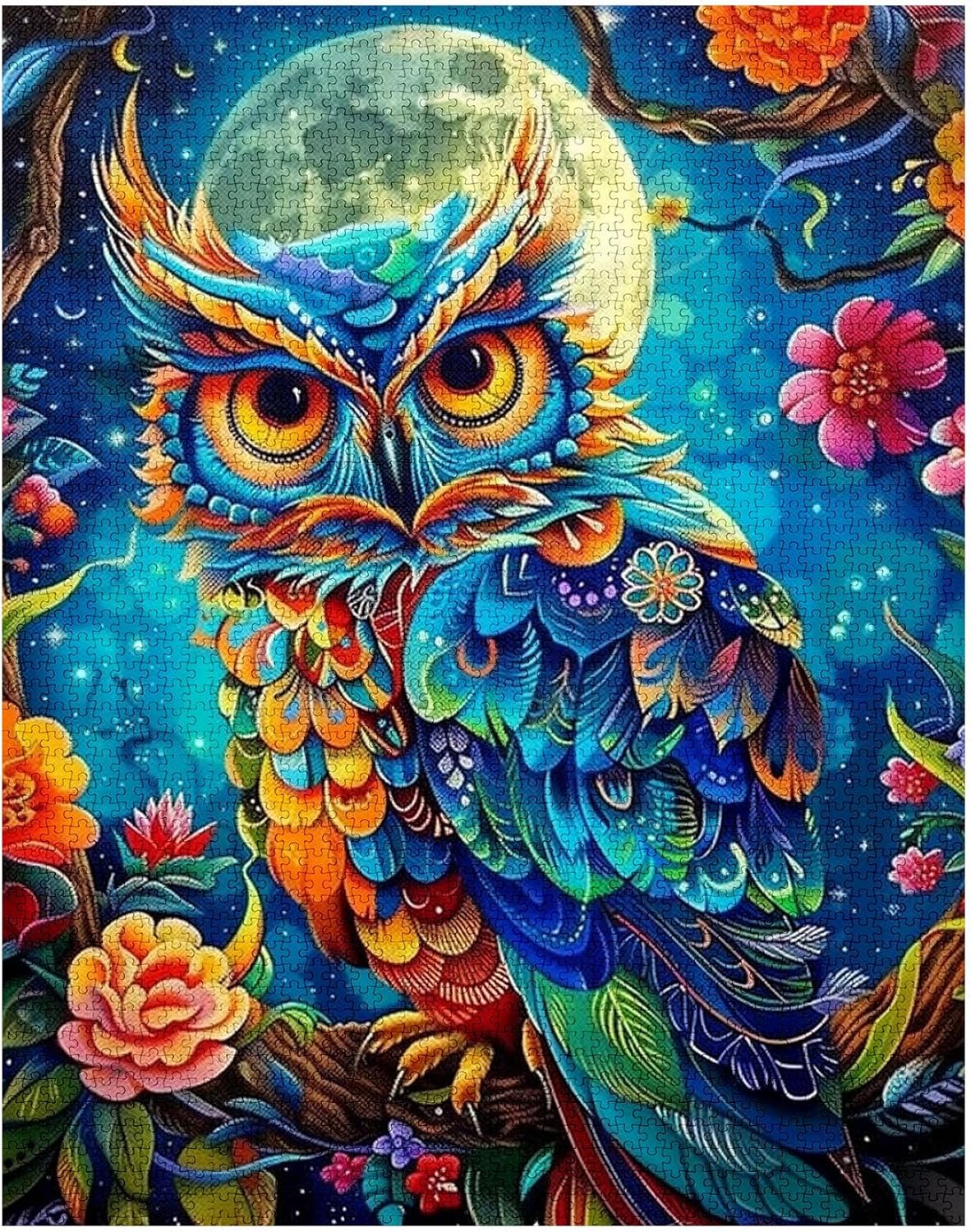 Colorful Owl Under The Moon Jigsaw Puzzles