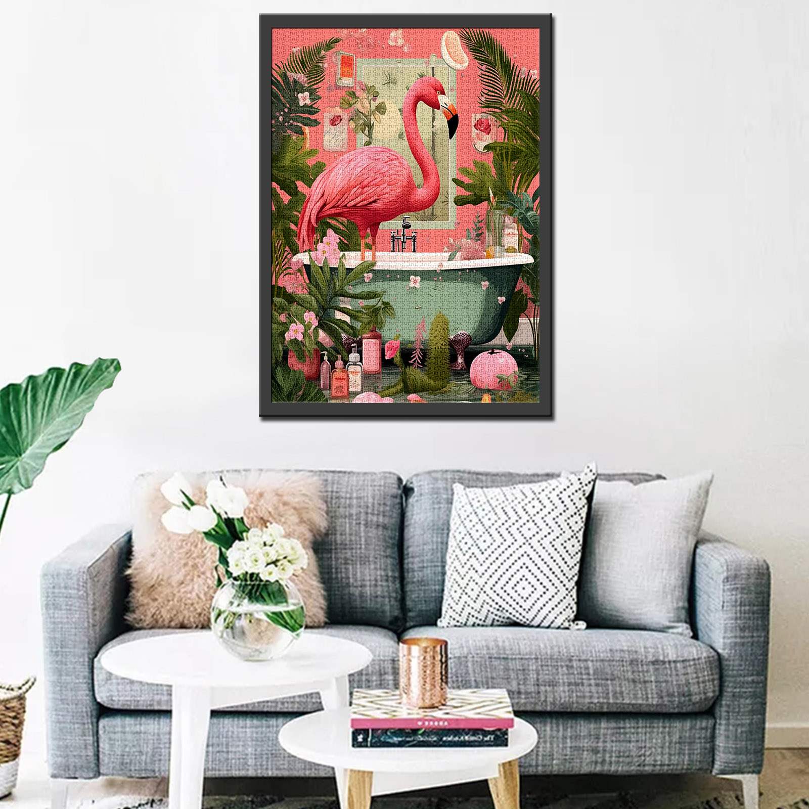 Flamingo in Tropical Bathroom Jigsaw Puzzles