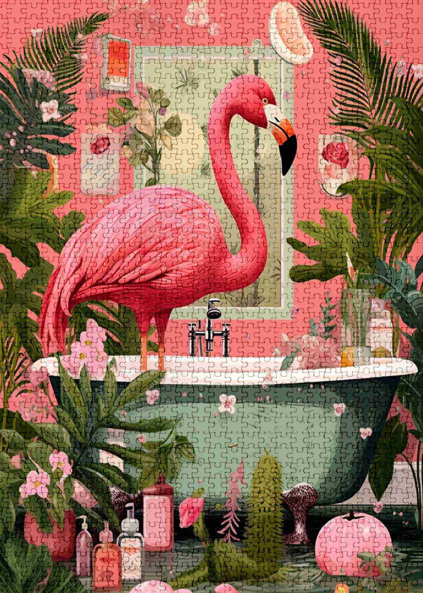 Flamingo in Tropical Bathroom Jigsaw Puzzles