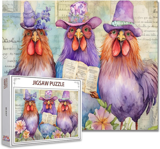 Puzzles de poulets violets portant des chapeaux 