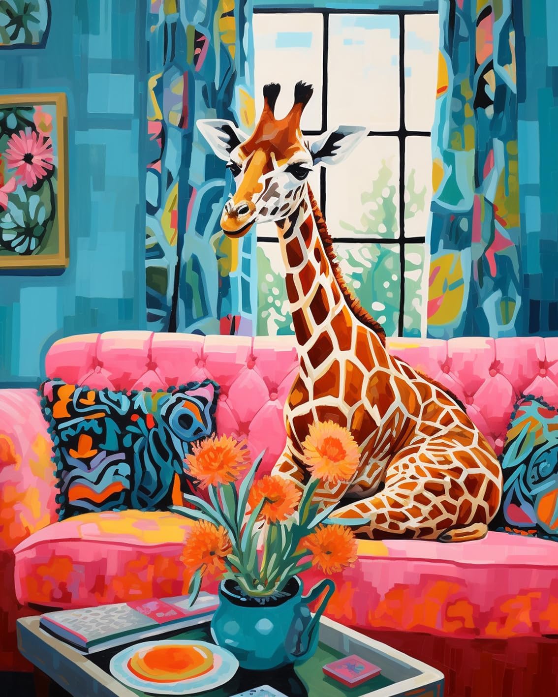 Giraffe Sitting on Sofa Paint by Numbers