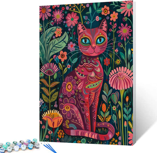 Floral Red Cat Painting by Numbers