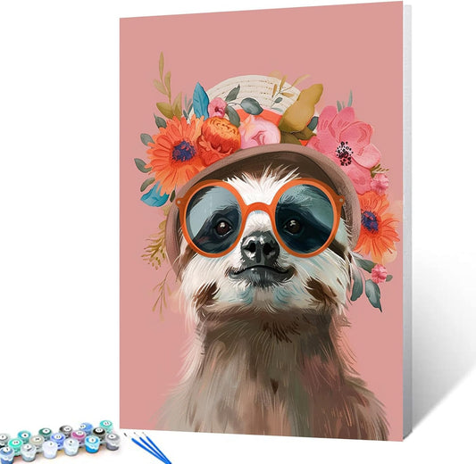 Sloth with Cute Sunglass and Straw Hat Painting by Numbers