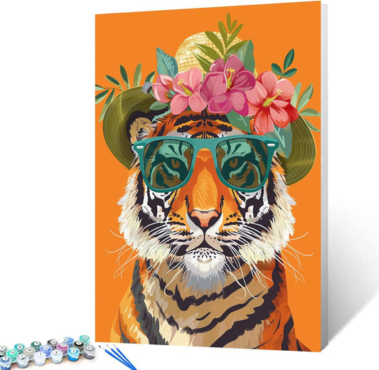 Tiger Wearing Sunglasses and Flower Hat Painting by Numbers