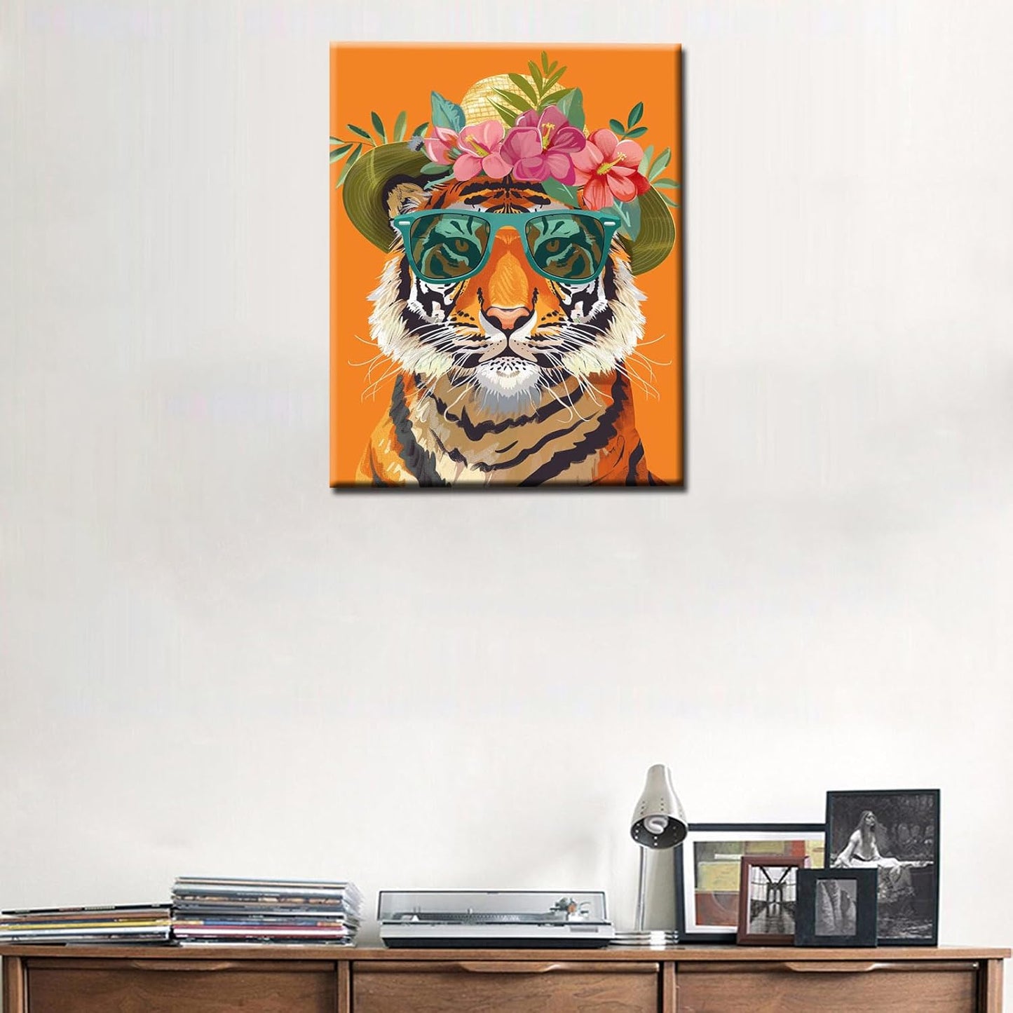 Tiger Wearing Sunglasses and Flower Hat Painting by Numbers