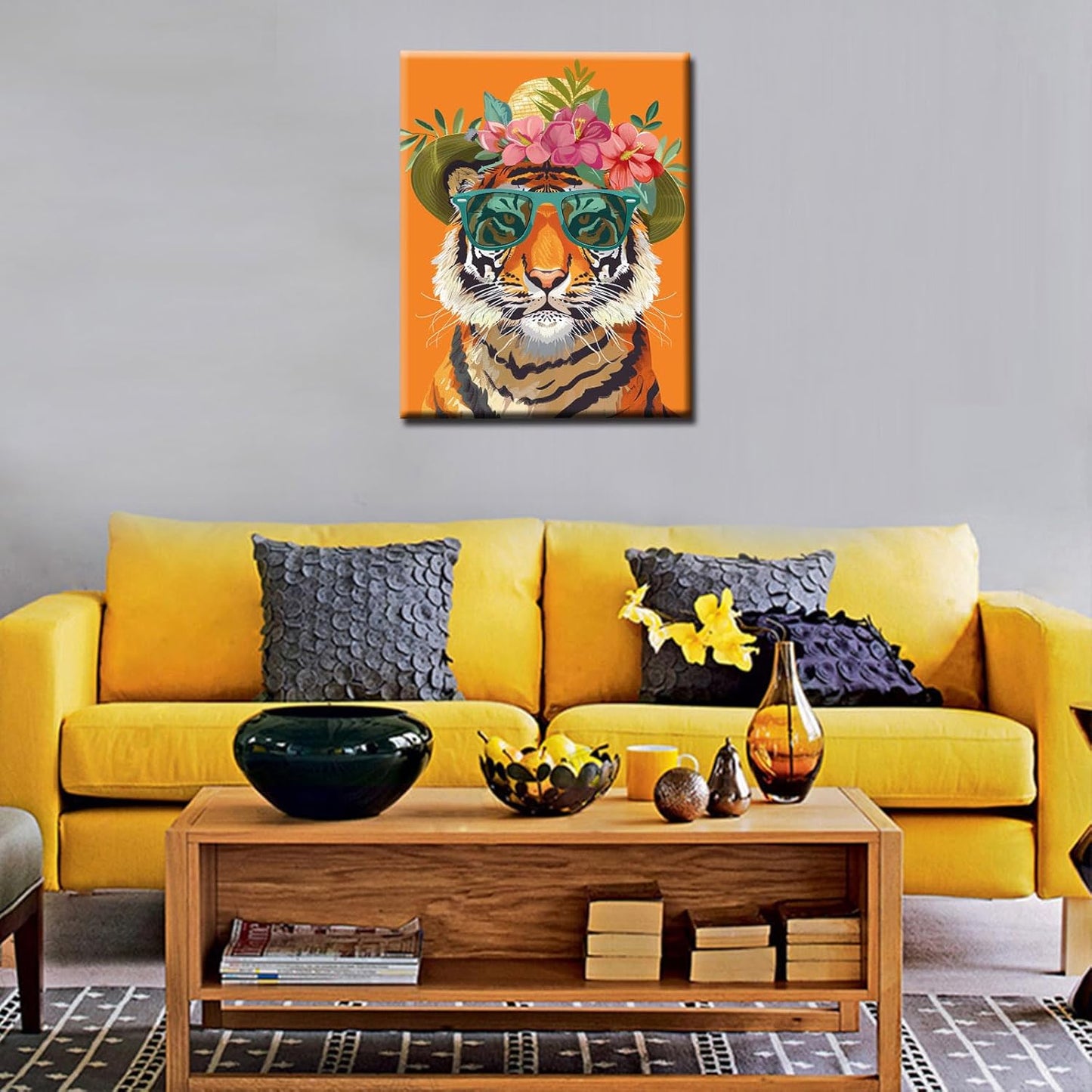 Tiger Wearing Sunglasses and Flower Hat Painting by Numbers