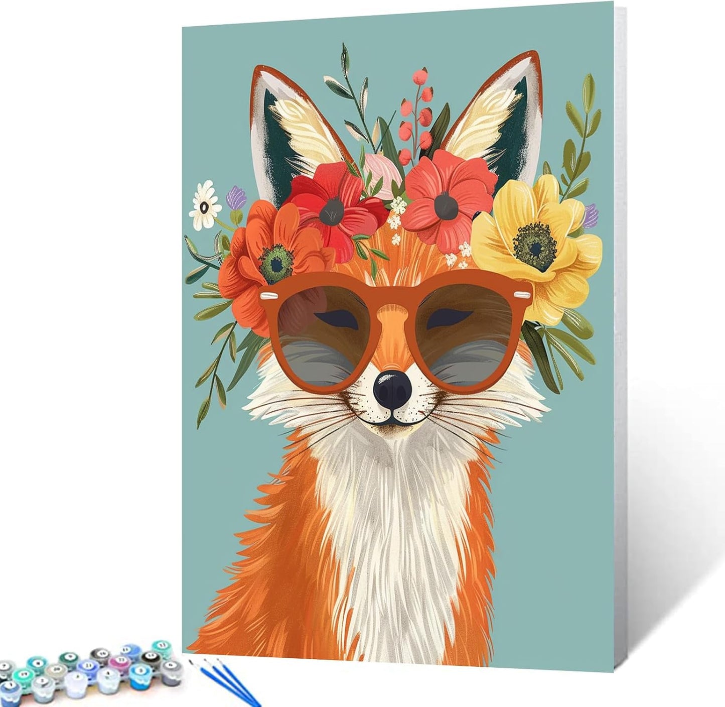 Fox Wearing Sunglass and Flowers on Head Painting by Numbers