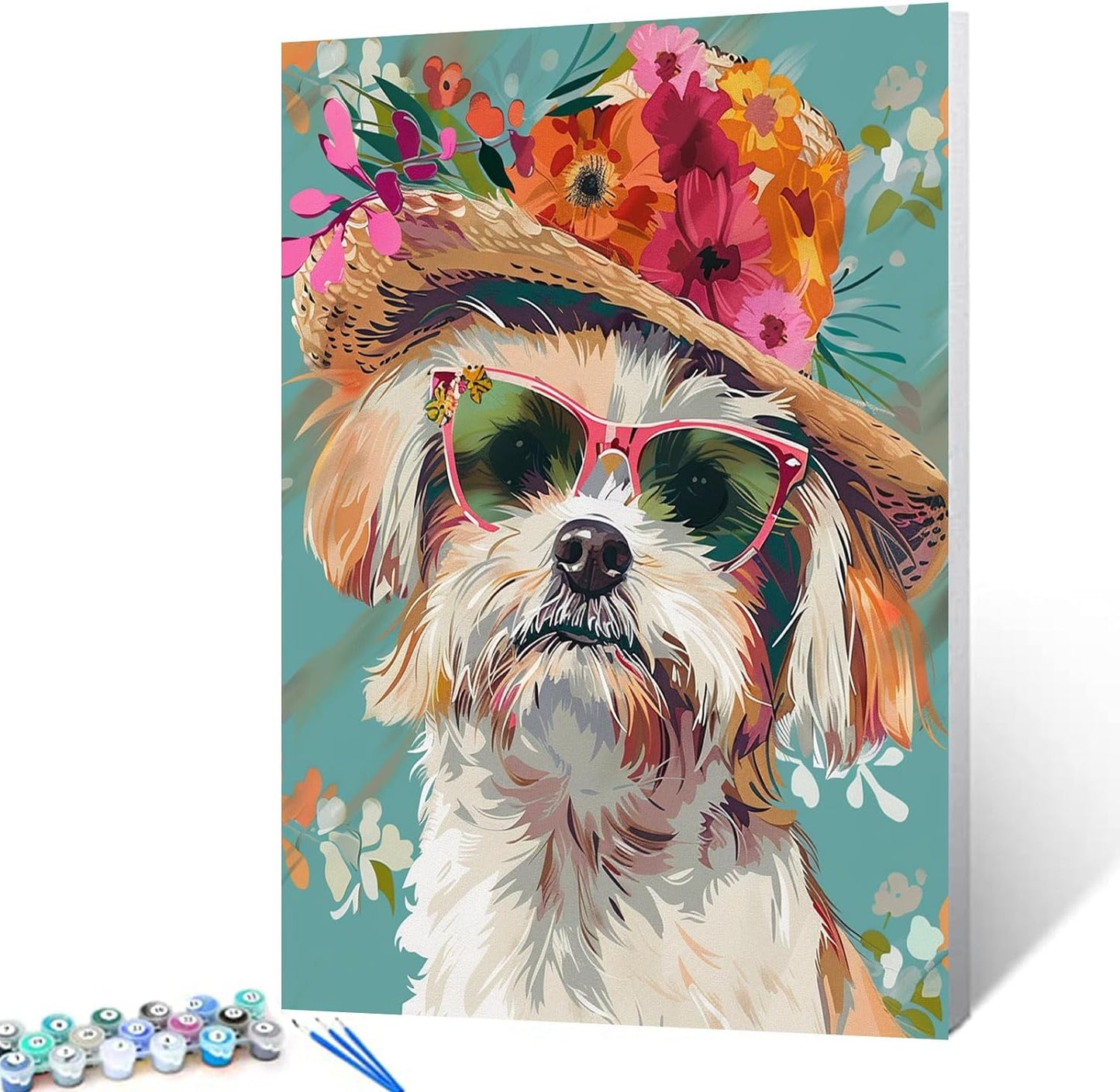 Puppy with Shades and Flowers Hat Painting by Numbers