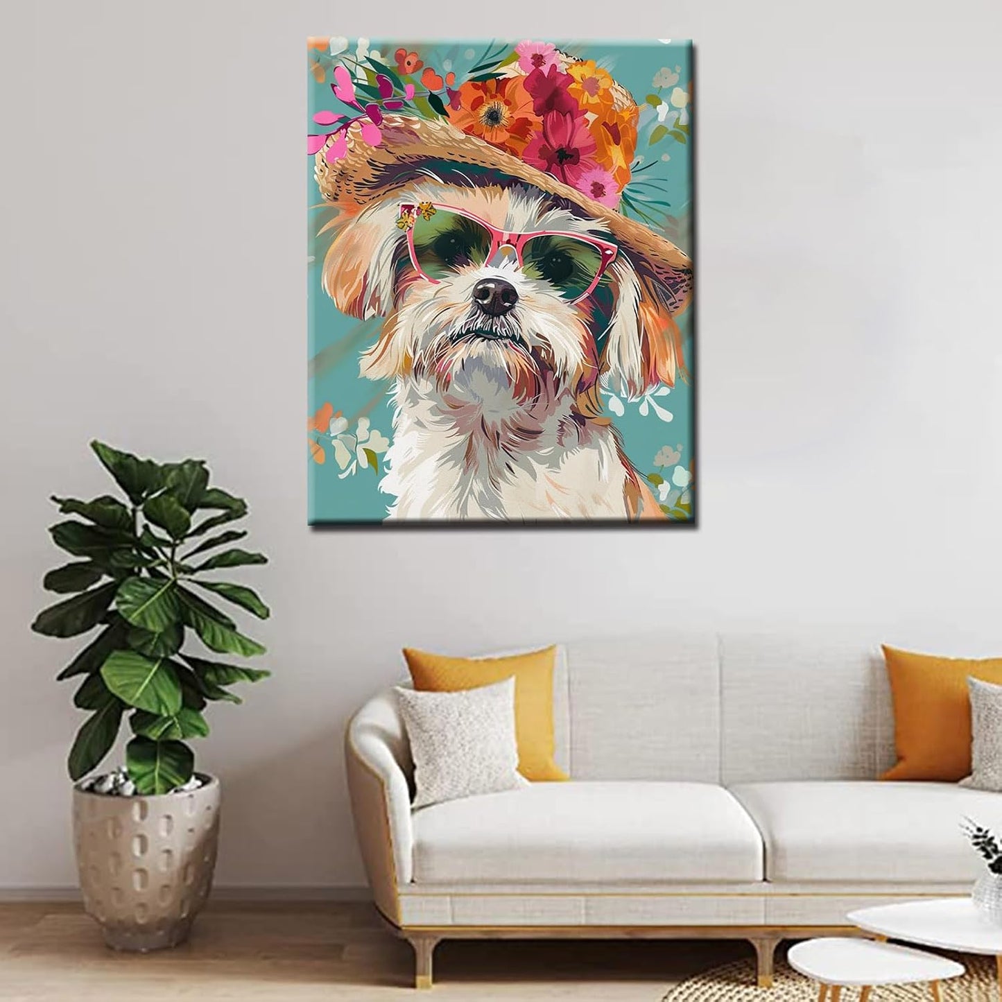 Puppy with Shades and Flowers Hat Painting by Numbers