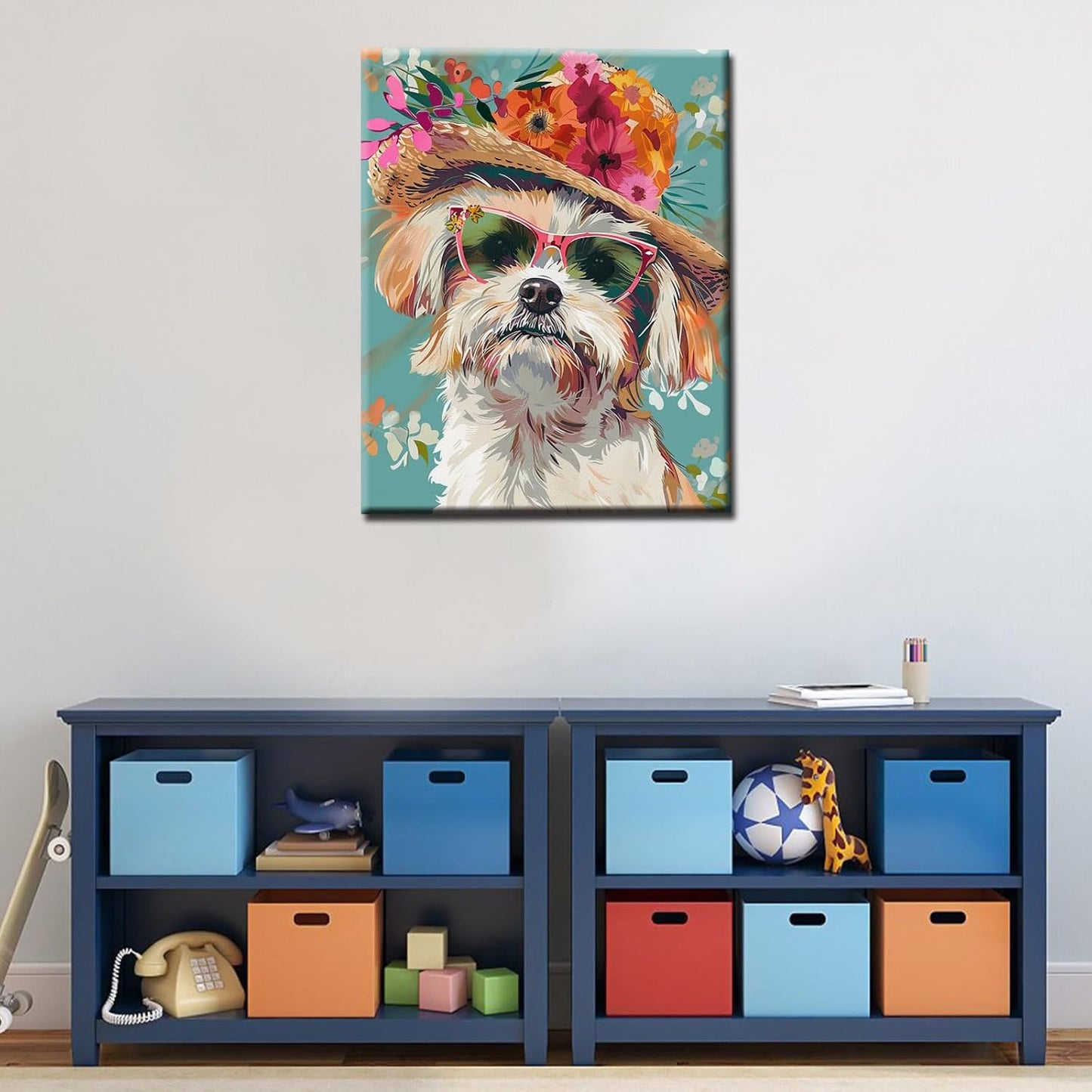 Puppy with Shades and Flowers Hat Painting by Numbers