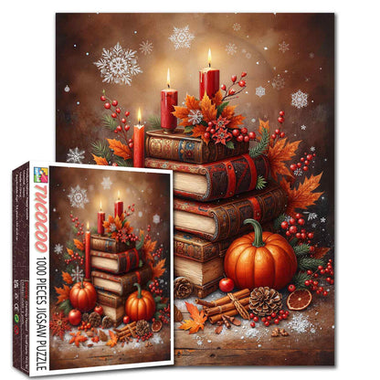 Autumn Candle Pumpkin Book Stack Jigsaw Puzzle