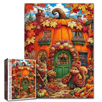 Autumn Pumpkin Cottage Squirrels Jigsaw Puzzle