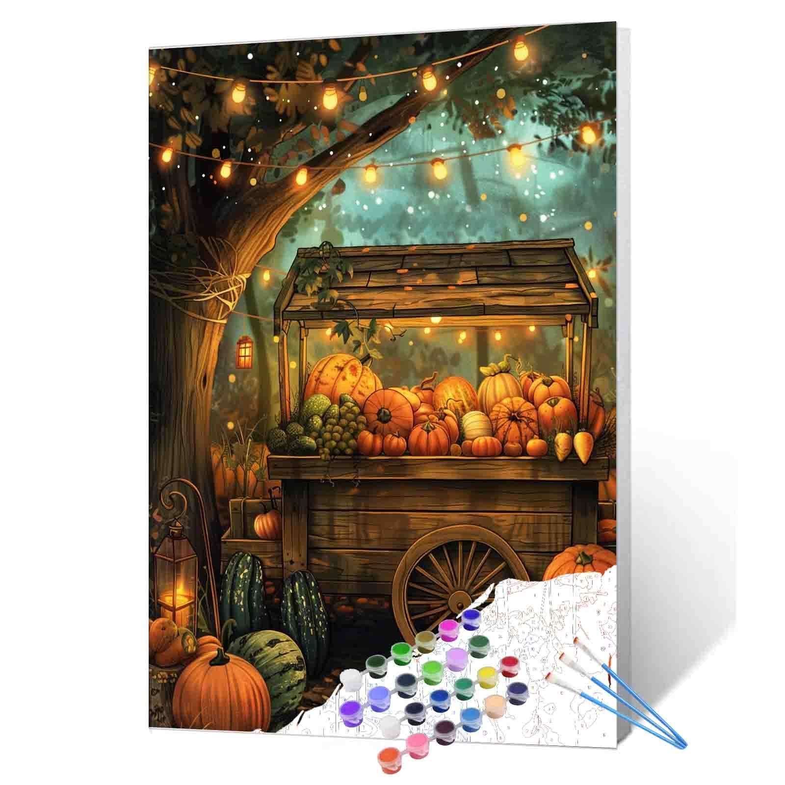 String Paint Fall Autumn Pumpkin Cart under String Lights Paint by Numbers – Tucocoo