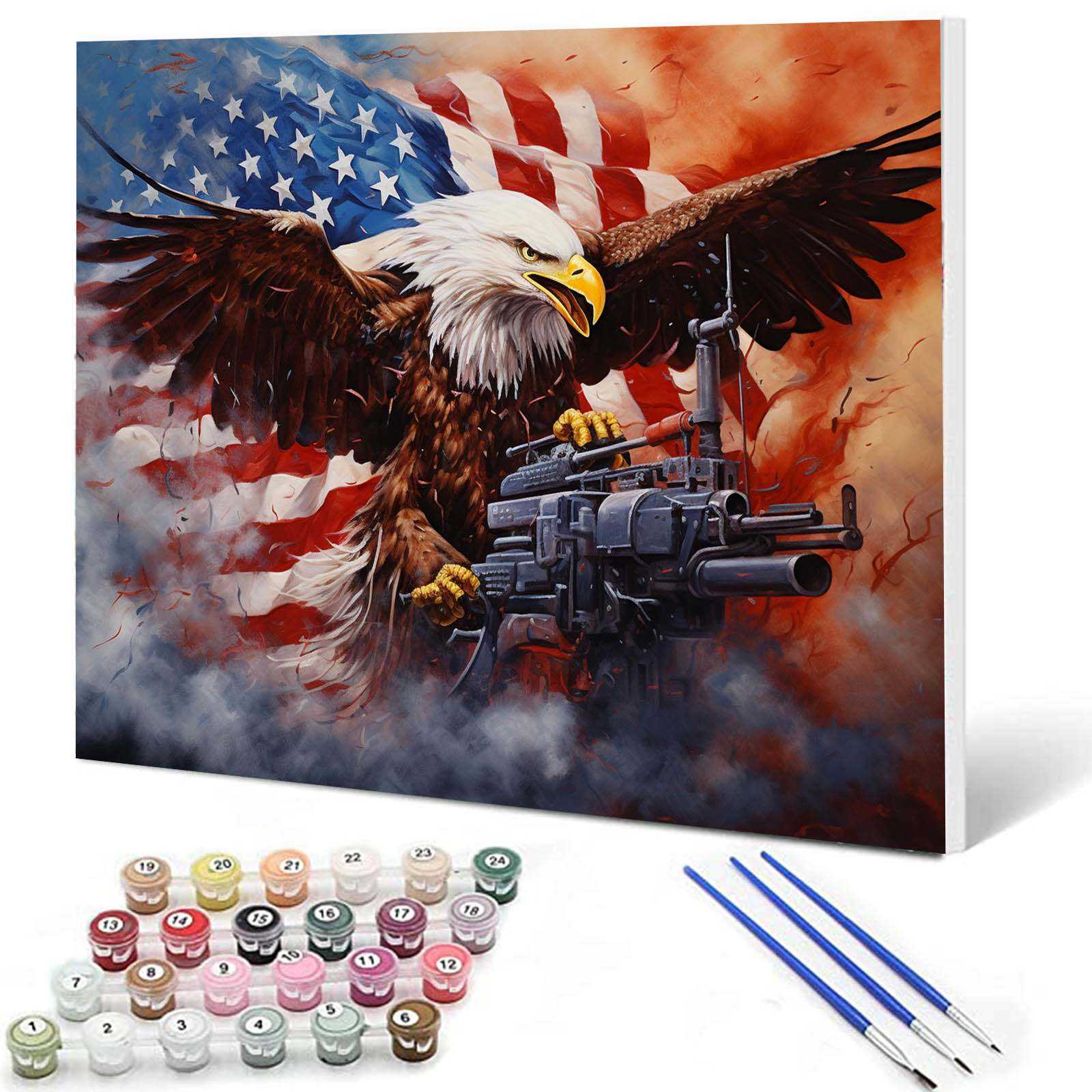 Bald Eagle with Machine Gun and Flag Paint by Numbers