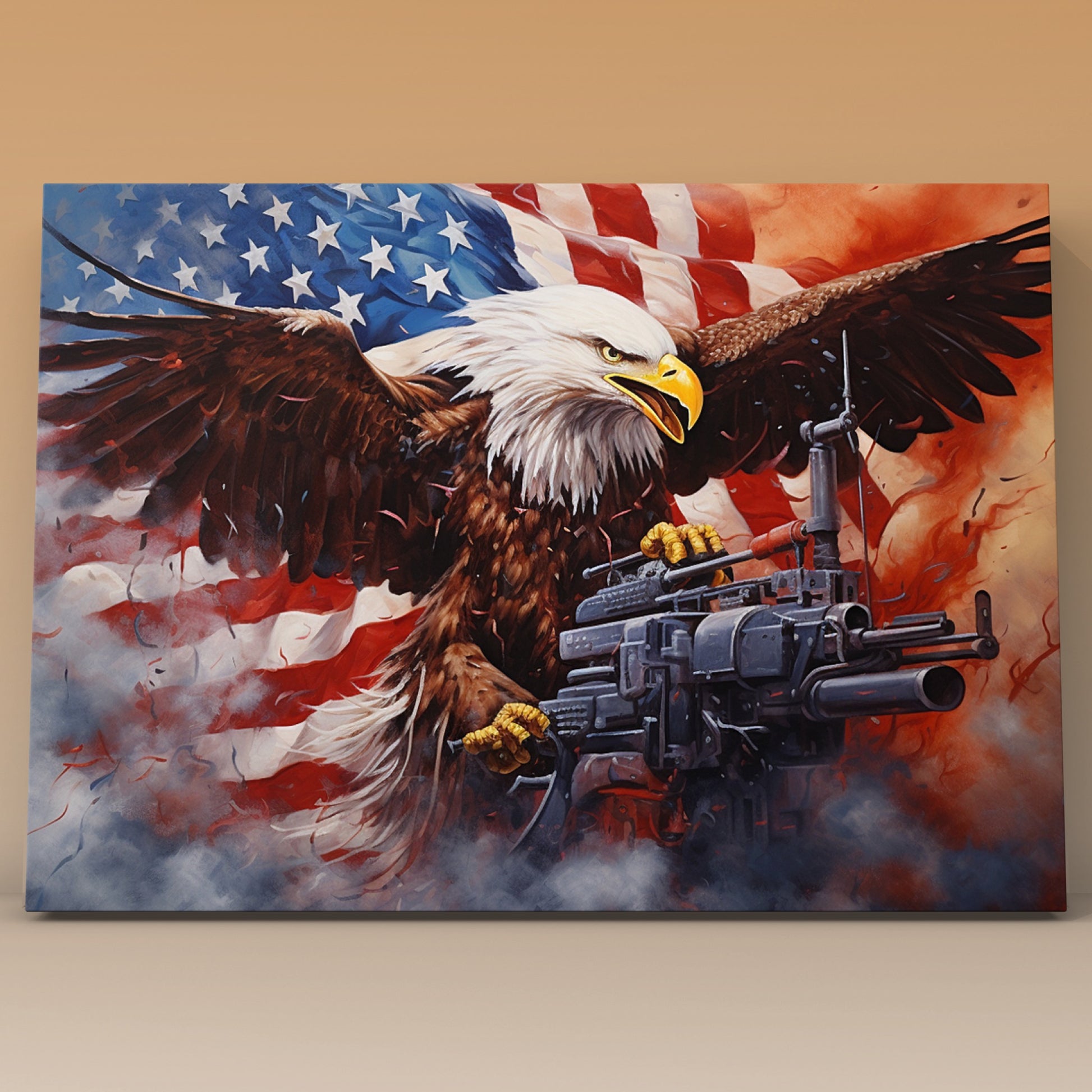 Bald Eagle with Machine Gun and Flag Paint by Numbers