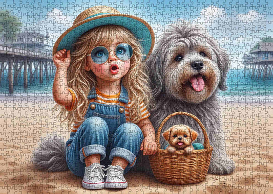 Beach Day Friendship Girl and Dogs Jigsaw Puzzle