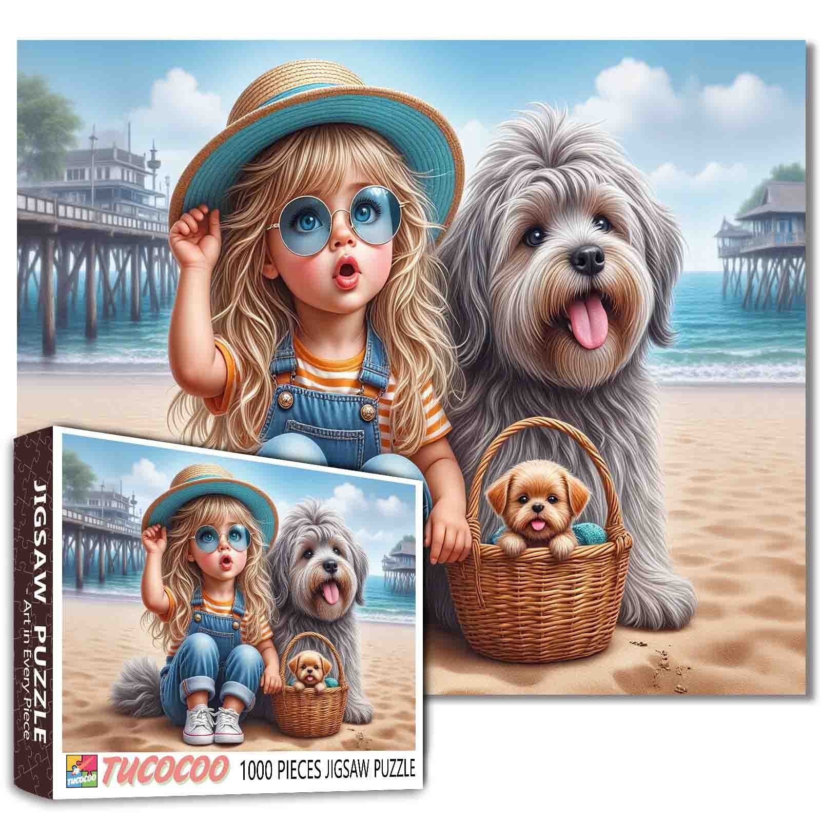 Beach Day Friendship Girl and Dogs Jigsaw Puzzle