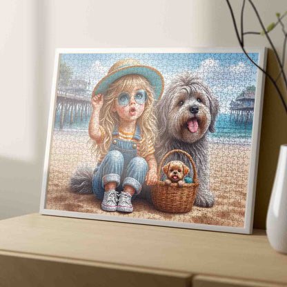 Beach Day Friendship Girl and Dogs Jigsaw Puzzle