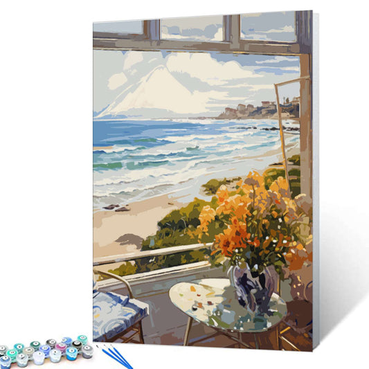 Coastal Window View with Flowers Paint by Numbers